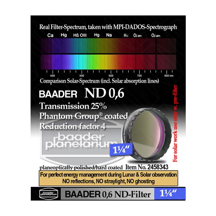 Baader Neutral Density Filter ND-0.6 25% Transmission - 1.25 Baader Neutral Density Filter ND-0.6 25% Transmission - 1.25