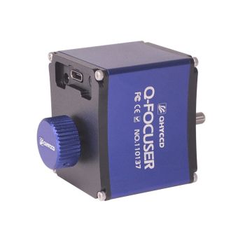 The QHY Q-Focuser Electronic Focuser - High Precision Version ports and manual focus knob