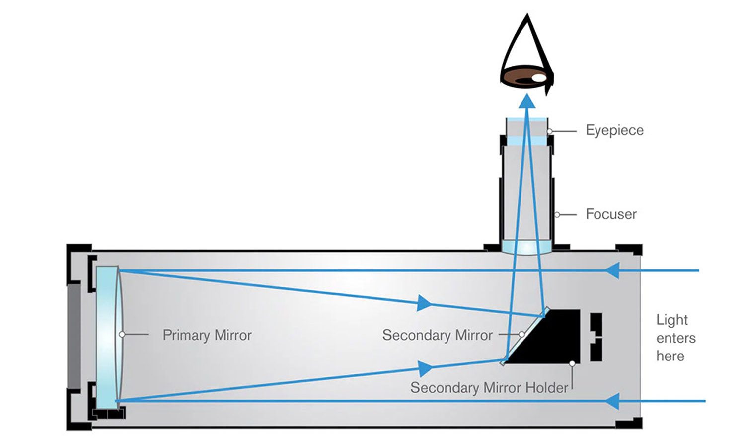 An optical diagram showing the light path entering a reflector telescope. Light enters through the front, passes down to the back, reflects off the primary mirror, reflects off the secondary mirror, and exits out the side into an eyepiece or camera.