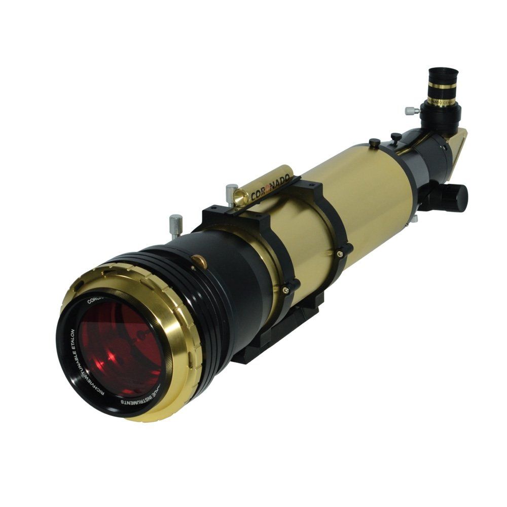 An image of a solar telescope, which features a red glass lens element at the front which is a hydrogen alpha filter to greatly cut down incoming sunlight.